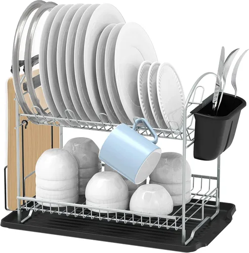 Simple Houseware Secador de platos de 2 niveles con escurridor, plateado Plata