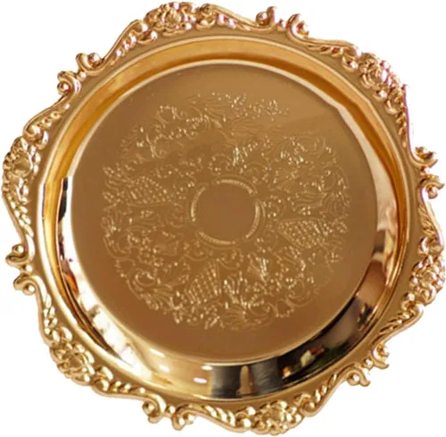 Miniatura 5 de TITA-DONG Plato redondo de fruta, bandeja de metal para servir alimentos, platos redondos vintage, bandeja de frutas, postre y pastel, disco Dorado