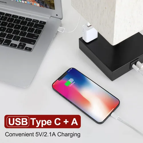 Miniatura 3 de Lámpara de mesa para dormitorio, lámpara táctil pequeña con puertos de carga USB C+A y salidas de CA, lámpara de mesita de noche regulable de 3 vías