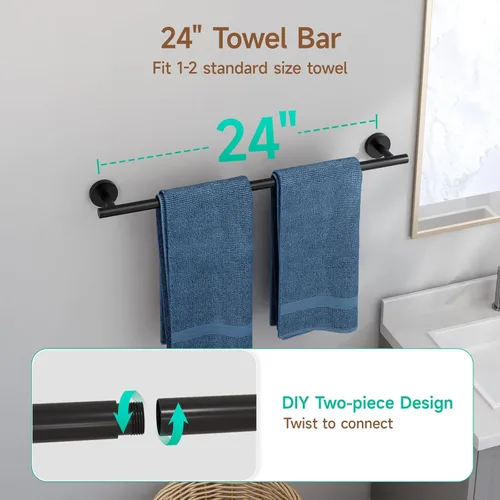 Miniatura 3 de USHOWER Set de accesorios de baño en color negro mate, juego moderno de toallero de 24 pulgadas montado en la pared, juego de accesorios de baño