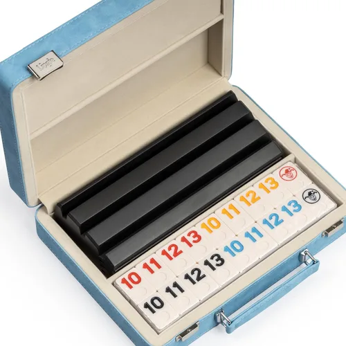 Miniatura 9 de Juego de Rummy, 2 a 4 jugadores con 106 fichas y 4 bastidores, juego de viaje Rummy con funda de piel sintética, divertidos juegos de mesa clásicos