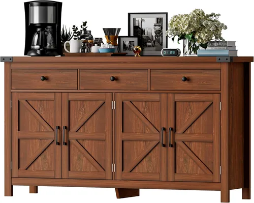 Miniatura 9 de VVFLU 55" Modern Farmhouse Buffet Cabinet with Storage, Coffee Bar Cabinet with 2 Drawers and 4 Barn Doors, Sideboard Storage Cabinet for Kitchen