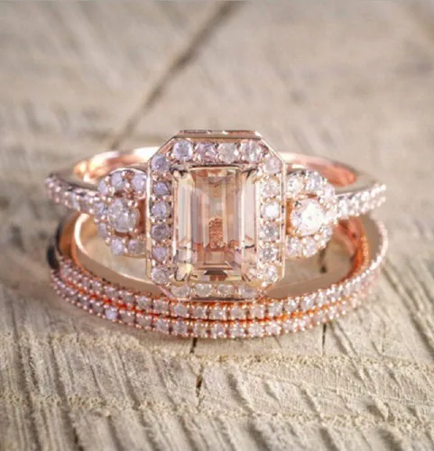 Miniatura 3 de Elegante anillo de compromiso de morganita relleno de oro rosa de 18 quilates para mujer, talla 6-10 (EE. UU. 7)
