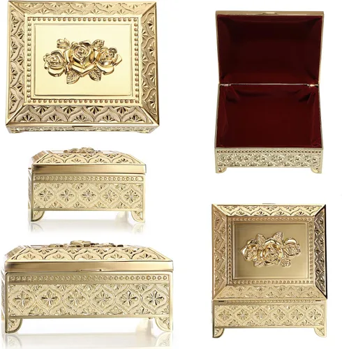 Miniatura 8 de Hipiwe Caja de joyería de metal vintage, caja de almacenamiento de baratijas, caja rectangular para cofre del tesoro, aretes, anillo, collar