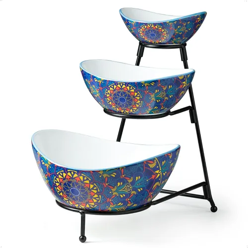 Miniatura 10 de YHOSSEUN Soporte de 3 niveles para servir con juego de 3 tazones ovalados de porcelana para servir con soporte de metal plegable más grueso