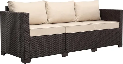 Miniatura 9 de Rattan Star Muebles de exterior, sofá de 3 plazas, sofá de mimbre marrón para exteriores, asiento profundo, respaldo alto, sofá de patio con cojines