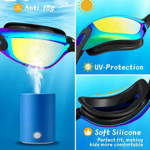 Miniatura 3 de Paquete de 2 gafas de natación sin fugas, antivaho y UV, gafas de natación para adultos, hombres y mujeres, lentes de policarbonato con espejo HD