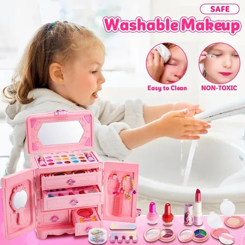 Miniatura 7 de Juego de 66 piezas de maquillaje para niñas – Juego de juguetes de maquillaje lavables para disfrazarse – Juego de tocador de maquillaje de belleza