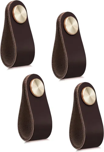 Miniatura 32 de Paquete de 4 tiradores de cuero para cajones, color beige, pomos de puerta de armario de 3.7 pulgadas, tiradores de piel sintética para tocador