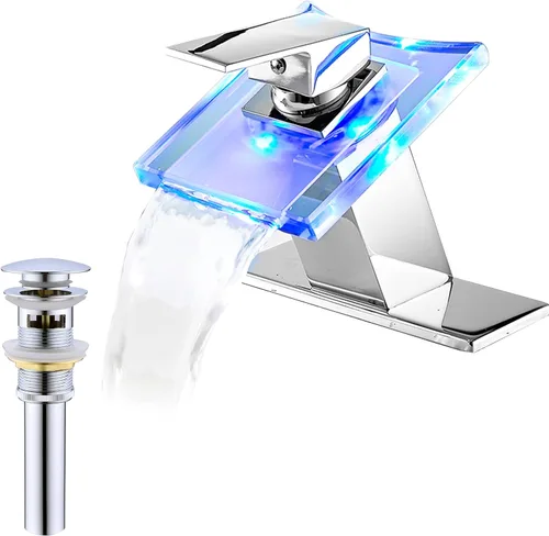 Miniatura 11 de Grifo de baño con salida de agua en cascada, diseño moderno, de un solo mango, un solo agujero, grifo de lavamanos de vidrio, cromado, de latón Cromo