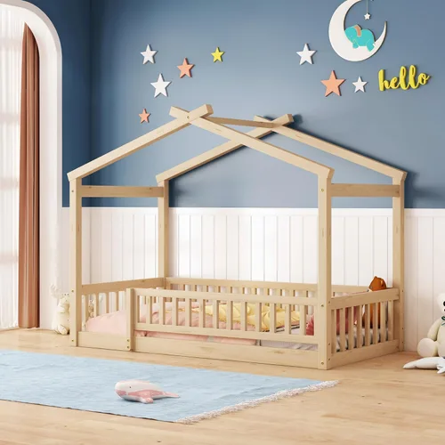 Miniatura 14 de MERITLINE Cama individual Montessori para niños, marco de cama individual Montessori con rieles y techo, no necesita somier, para niños, Gris