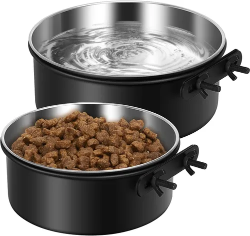 Miniatura 10 de Cuenco de agua para perrera, caja de acero inoxidable para perros, tazón de agua sin derrames, paquete de 2 cuencos colgantes para jaula de perrera