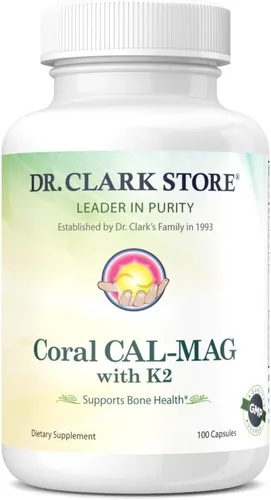 Dr. Clark Store Coral Cal-Mag K2 – 993 mg, 100 cápsulas de gelatina, apoya la salud ósea, equilibrio de pH, 72 minerales traza y vitamina K