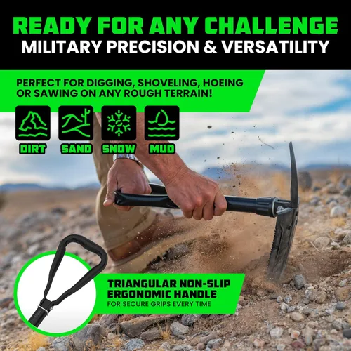 Miniatura 4 de RHINO USA Pala plegable de supervivencia con pico - Herramienta de atrincheramiento estilo militar de acero de carbono resistente para todoterreno