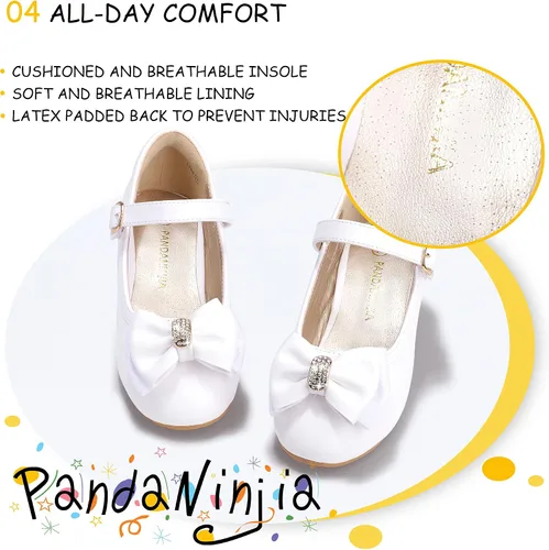 Miniatura 7 de PANDANINJIA Vestido de jada para niñas y niños pequeños, zapatos de princesa Mary Jane con tacones con lazo para fiesta, boda, boda