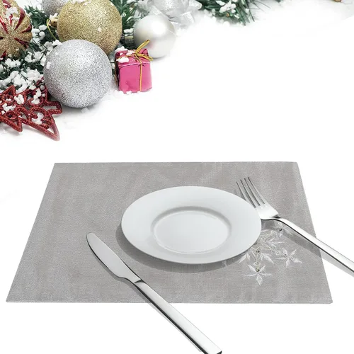 Miniatura 2 de OWENIE Juego de 4 manteles individuales de mesa de Navidad, manteles individuales plateados con bordado de lentejuelas, manteles individuales grises