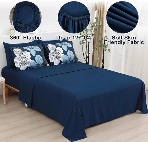 Miniatura 6 de Luxudecor Juego de edredón azul marino, tamaño Queen, 7 piezas de cama en una bolsa, juego de edredón floral azul marino y juego de sábanas, juego