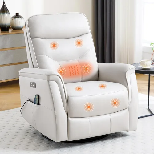 Silla reclinable para adultos, mecedora eléctrica de piel sintética para masaje y calor, silla reclinable giratoria de gran tamaño con puertos USB