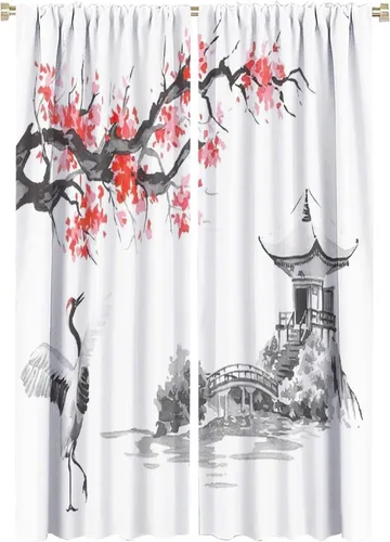 Miniatura 25 de Cortina japonesa con diseño de cerezo en flor, montañas, río, nubes, pinos, paisaje, naturaleza, asiático, anime, oscurecimiento de habitación