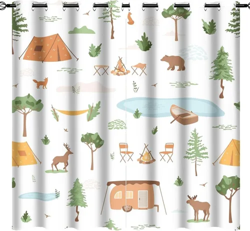 Miniatura 18 de Cortinas abstractas con estampado de cámper de caricaturas, divertido tema de aventura, campamento, montañas, vida silvestre, oso, tratamiento