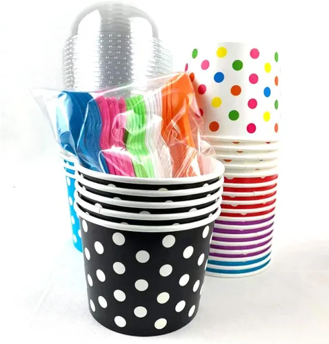 Miniatura 3 de Worlds Vasos de papel para helado con tapas de cúpula sin agujero y cucharas de plástico, lunares de 16 onzas, mezcla de 25 unidades Mezcla de 16