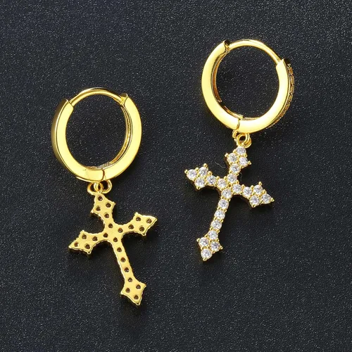 Miniatura 6 de 2 pares de aretes de cruz para hombre, chapados en oro de 14 quilates, colgantes, clásicos, pequeños 5A+, circonita cúbica pavimentada, aretes