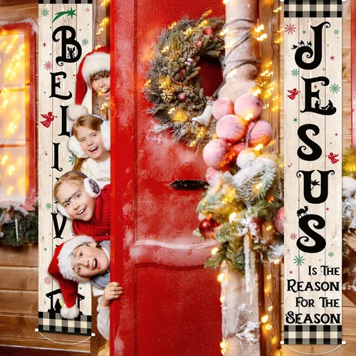 Miniatura 4 de Tiamon Cartel de Navidad para porche delantero, letrero de belén religioso de invierno, cartel colgante de vacaciones, decoración de Navidad