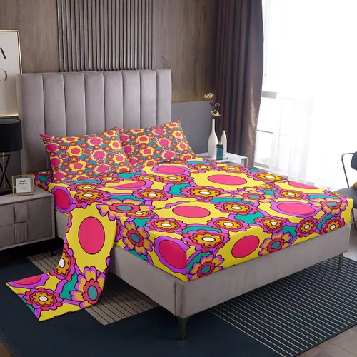 Miniatura 14 de Juego de sábanas para niñas, tamaño individual, diseño floral bohemio de los años 60 y 70 años, diseño hippie kawaii, decoración de habitación