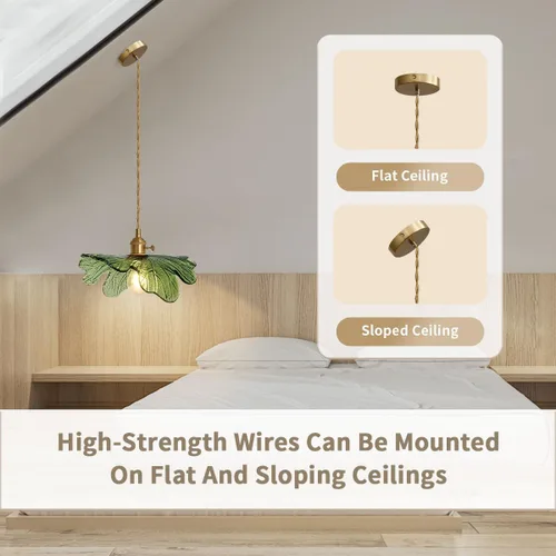 Miniatura 7 de Lámpara colgante colgante de 1 luz, lámparas colgantes de latón dorado, pantalla de vidrio de flores verdes, iluminación colgante moderna