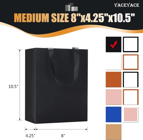 Miniatura 3 de Bolsas de regalo negras a granel, 20 bolsas de regalo de papel negro medianas de 8 x 4.25 x 10.5 pulgadas con asas de cinta, bolsas de regalo