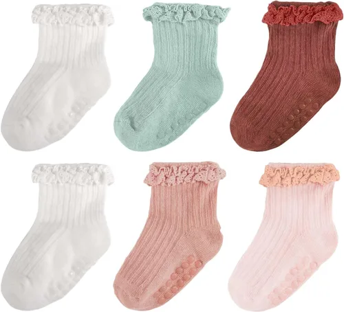 Calcetines de Volantes para Niña Bebé, Calcetines Antideslizantes de Agarre para Niñas, Calcetines de Tobillo Frilly de Algodón Lindos para Niñas