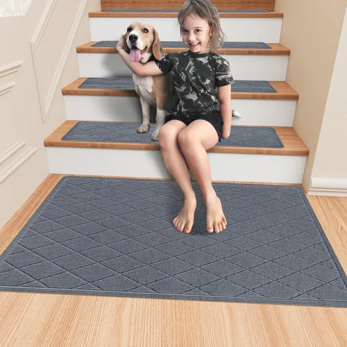 Miniatura 7 de Stair Treads with Landing Rug for Wooden Steps Indoor, Peel and Stick Stair Treads Matching-Mat 20"X32" Stair Landing Slip Resistant Polyester Stair
