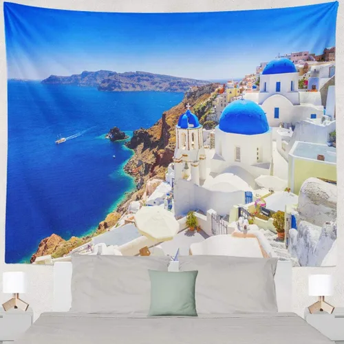 Miniatura 5 de ASOCO Tapiz de Santorini para colgar en la pared, hermoso pueblo, isla Santorini, isla Santorini, hito de la naturaleza y Europa, tapiz de pared