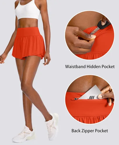 Miniatura 4 de Pantalones cortos de correr fluidos para mujer con 4 bolsillos, 2 en 1, cintura alta, para entrenamiento de mariposa, pantalones cortos de tenis