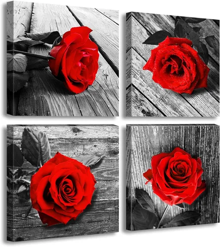 JiazuGo - Decoración de pared para dormitorio con rosas rojas, arte de pared en blanco y negro, flores modernas para parejas, cuadros románticos