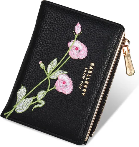 Billetera pequeña para mujer, doble bordado, con flores, bloqueo RFID, piel sintética, con bolsillo con cremallera para mujeres y niñas (negro)