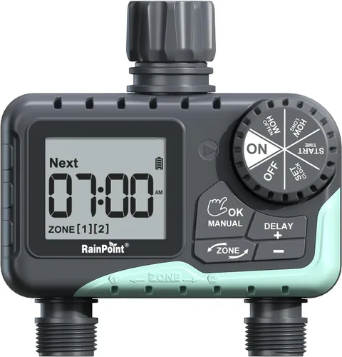 RAINPOINT Temporizador de agua para manguera de jardín, temporizador de rociador de 2 zonas con retardo de lluvia, riego manual, riego automático