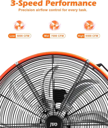 Miniatura 3 de JVO Ventilador de tambor de piso industrial de 24 pulgadas, ventilador de piso de alta velocidad de 9500 CFM con 8 aspas y ventilador grande de 3