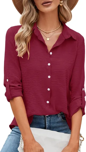 Miniatura 47 de Odosalii - Camisas con botones para mujer, con cuello en V, manga larga, enrolladas, blusas elegantes y formales para negocios y ocasiones casuales