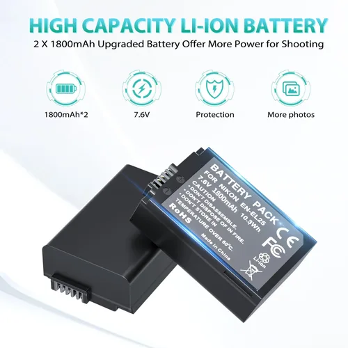 Miniatura 3 de LP EN-EL25 Paquete de cargador de batería, 1800 mAh, paquete de 2 baterías EN-EL25A para Nikon Z50, Z30, Z50 II, cámara ZFC, cargador USB Dual MH-32