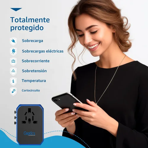 Miniatura 7 de Ceptics Adaptador de enchufe de viaje internacional mundial de 70 W - Potente tecnología GaN con Pd y QC 3.0 Dual 3X USB-C Power - 2 puertos USB