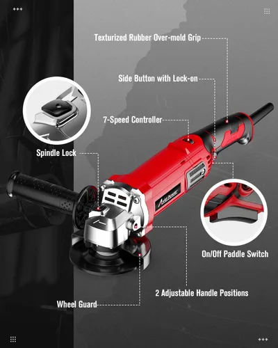Miniatura 8 de AVID POWER Amoladora Angular de 4-1/2 Pulgadas 8.0 Amperios 1000W Herramienta Amoladora Eléctrica de 7 Velocidades Variables Amoladora de Metal, Rojo