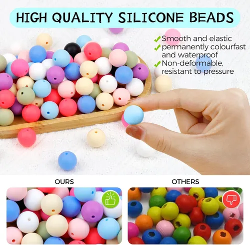 Miniatura 3 de 120 cuentas de silicona de FIVEIZERO para hacer llaveros, cuentas focales redondas de goma de silicona turquesa de 0.59 pulgadas a granel