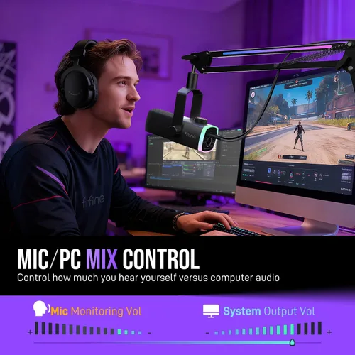 Miniatura 5 de Kit de micrófono de juego FIFINE, micrófono dinámico XLR/USB para PC con brazo articulado para grabación de podcast, juego de micrófono RGB