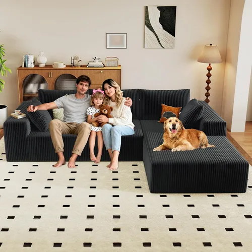 Miniatura 9 de Sofá seccional modular de 96", sofá en forma de L tipo nube sin estructura con chaise lounge, tapizado de pana con asiento profundo de espuma Negro