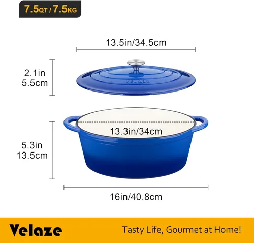 Miniatura 2 de Velaze Olla de horno holandés ovalada esmaltada de 7.5 cuartos de galón con tapa, horno holandés de hierro fundido con doble asa para hornear pan