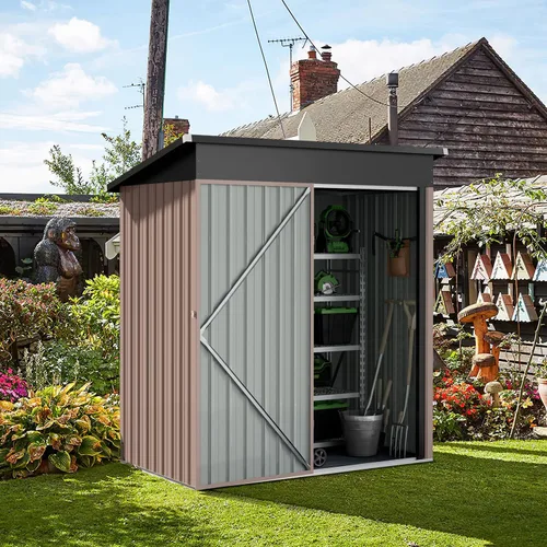 Miniatura 5 de Aoxun Caseta metálica de almacenamiento para exteriores, 4.6 x 2.5 pies, para jardín, para botes de basura, herramientas y bicicletas, color marrón