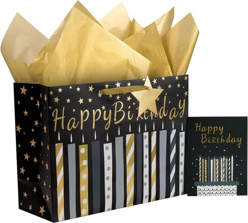 MAYPLUSS Bolsa de regalo grande de cumpleaños de 16 pulgadas con tarjeta de felicitación y papel de seda para el día del nacimiento - Diseño de vela