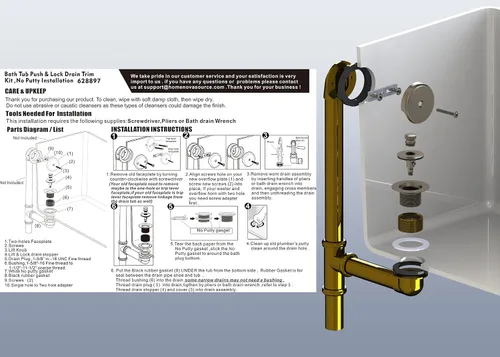 Miniatura 6 de Artiwell Push & Lock - Juego de molduras para bañera con placa frontal de desbordamiento de un solo orificio, kit de conversión de bañera con barra