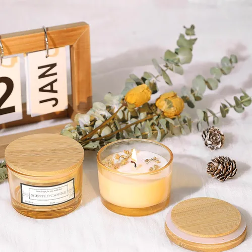 Miniatura 6 de CONNOO Paquete de 15 tarros de vela de vidrio ámbar dorado de 4 onzas con tapas herméticas de bambú para hacer velas, recipientes vacíos de boca Oro
